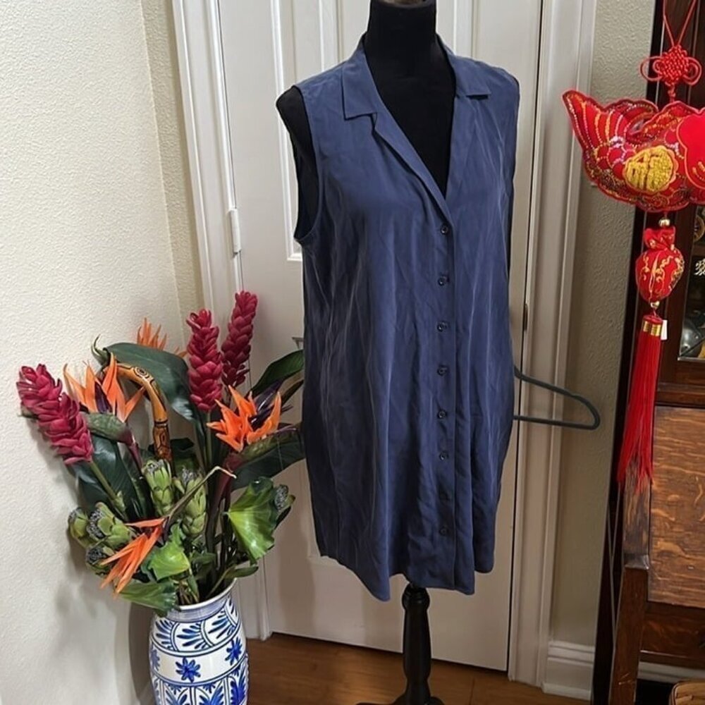 NWT Equipment Femme navy Adalyn Silk Sleeveless Shirtdress button down Size L - Picture 7 of 10